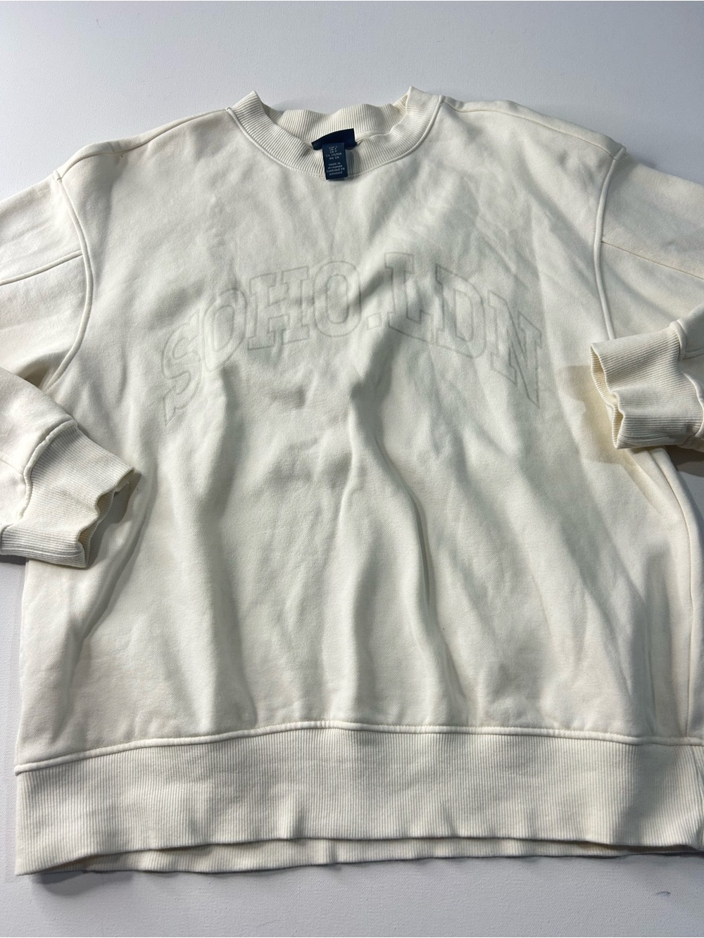 H&M Men's Cream Crewneck Sweatshirt with Subtle Arch Logo
